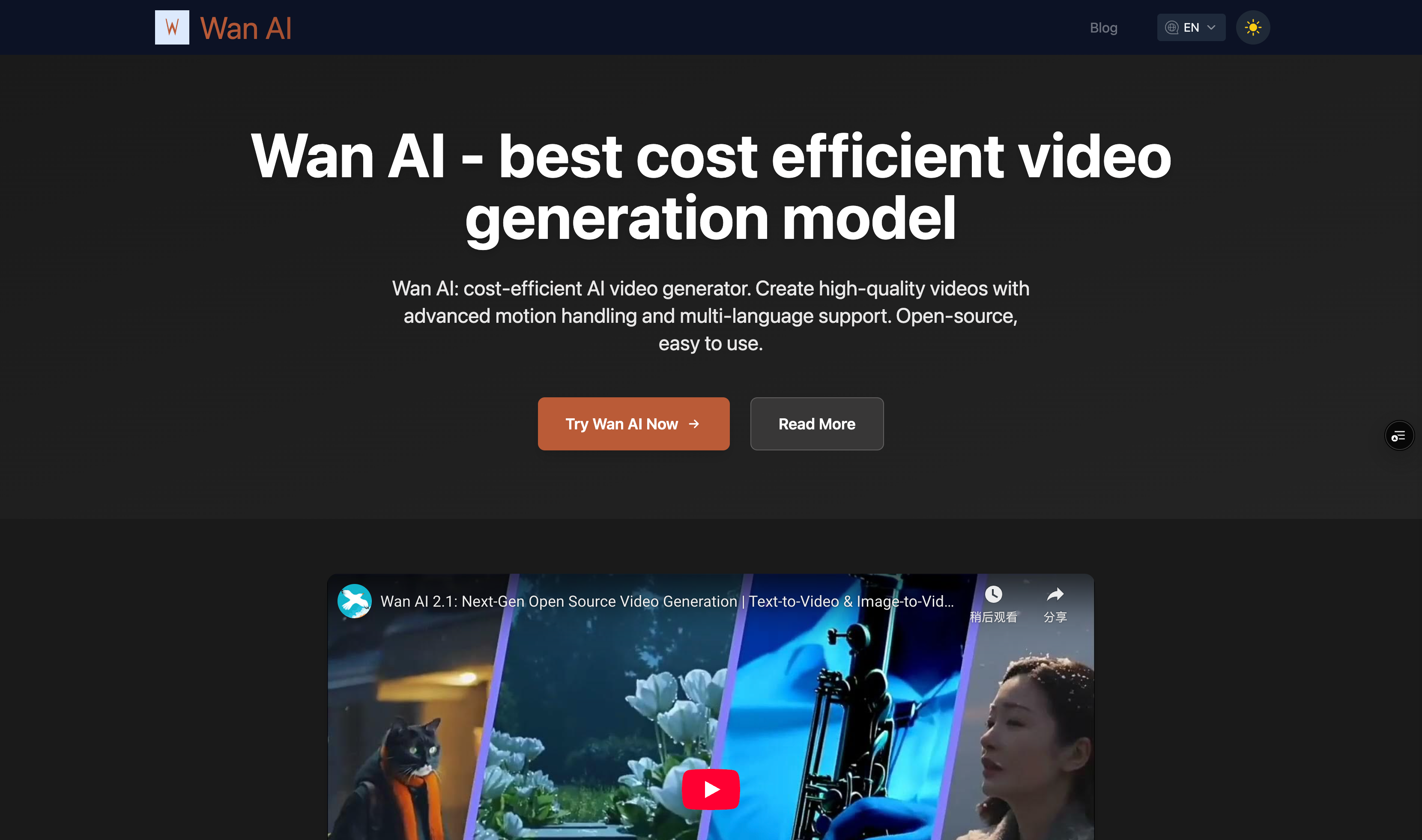 Wan AI: cost-efficient AI video generator. Create high-quality videos with advanced motion handling and multi-language support. Open-source, easy to use.